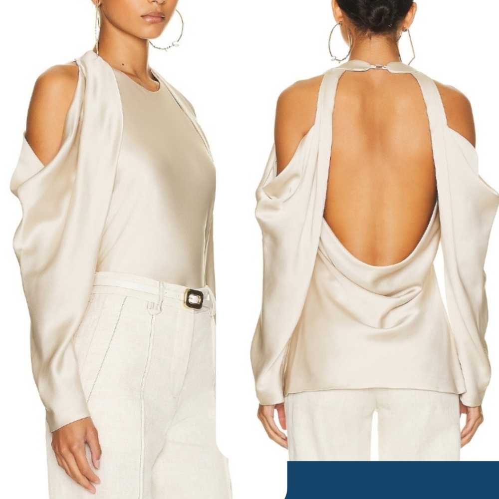 Jonathan Simkhai Marisa Size Medium Rich Cream Satin Off the Shoulder Blouse NWT
